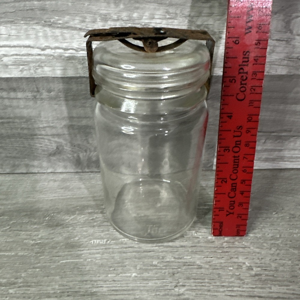 Antique‎ Clear Glass Canning Jar with Rusty Metal Clamp and Glass Lid 6 Inch